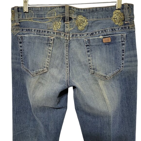 Guess Womens Size 32 Jeans Denim Embroidered Gold Roses Bootcut Factory Fade - Picture 5 of 15